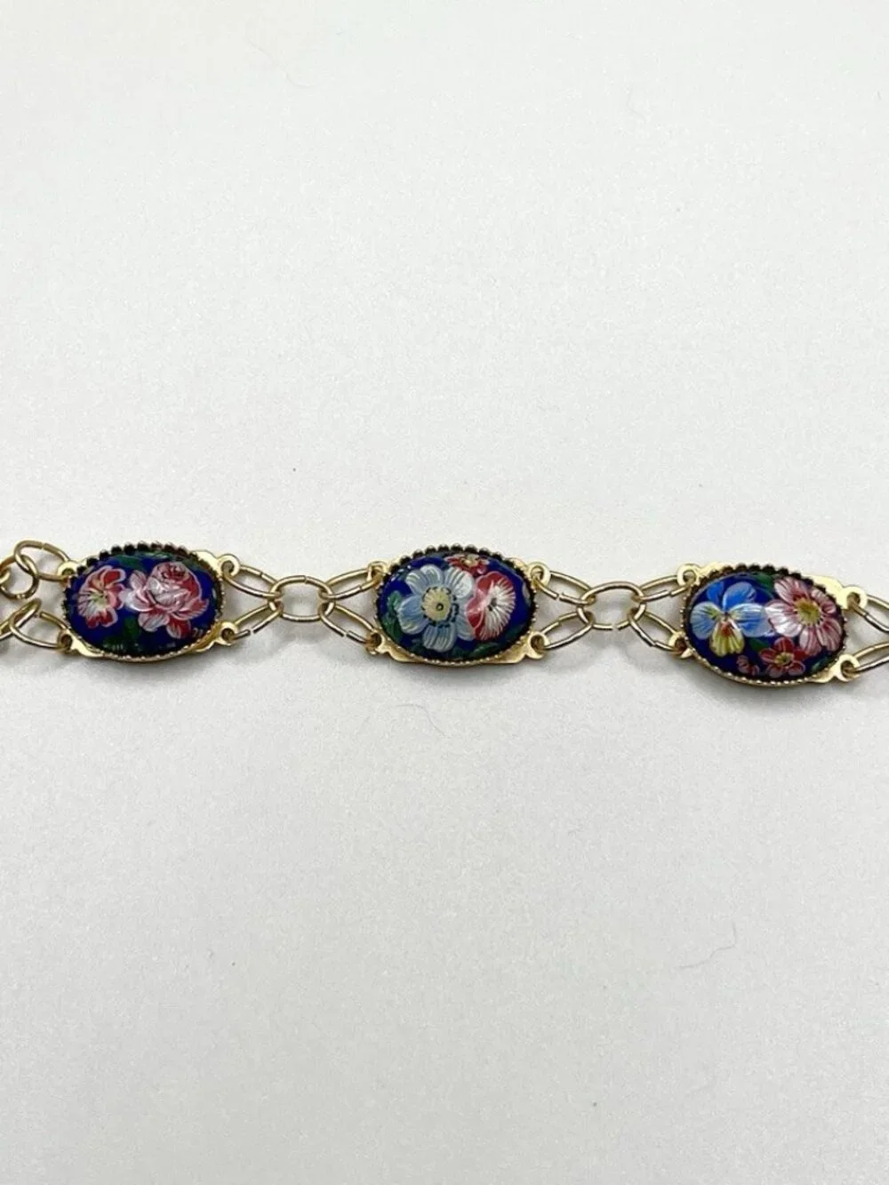 VTG Italian Venetian Floral Glass Cabochon Bracelet Gold Tone Mid Century MCM